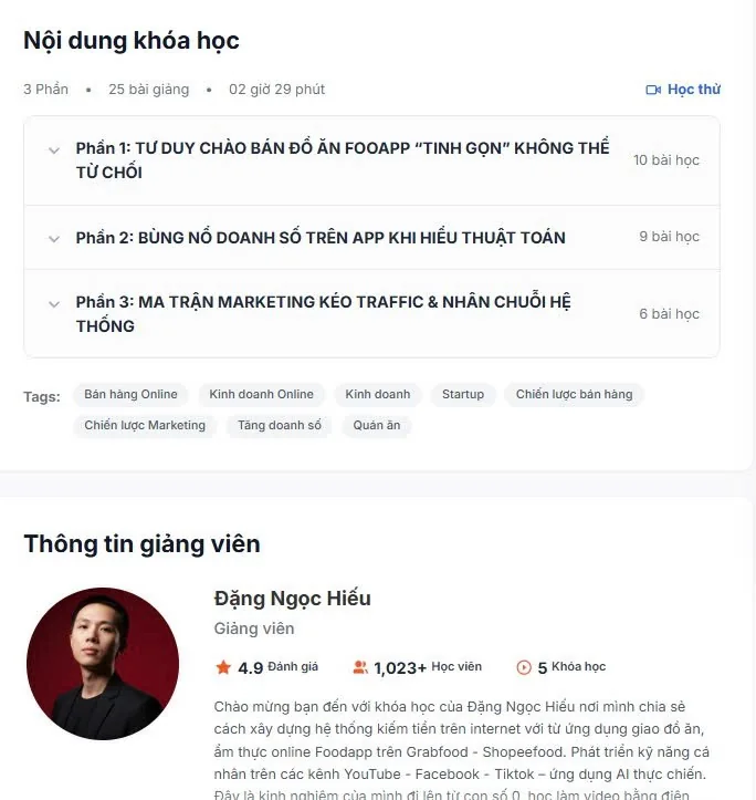 Nội dung khóa học và thông tin giảng viên Đặng Ngọc Hiếu
